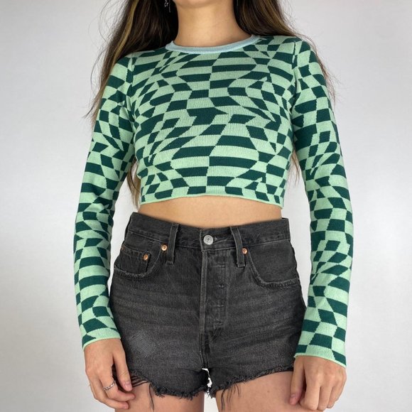 Green Color Block Warped Checkered Top - Picture 2 of 4